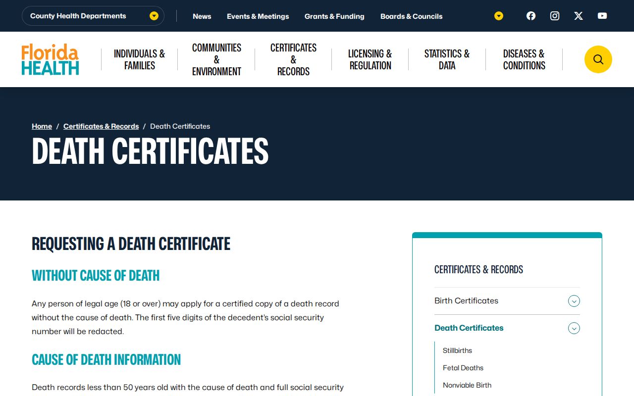 Florida resident lookup reference: death certificate access for cause and no-cause records