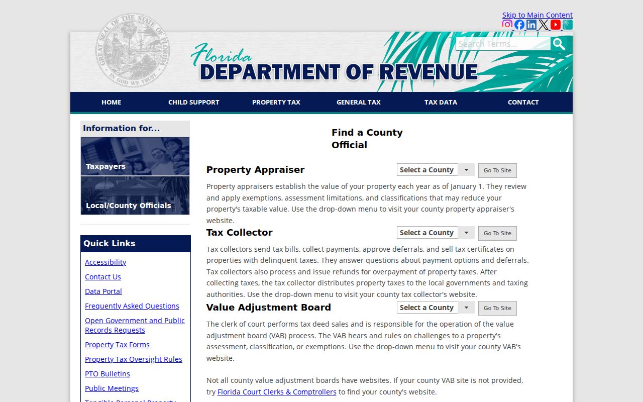 Florida residents directory routing to county Property Appraisers and Tax Collectors