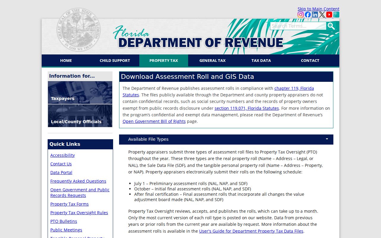 Florida street directory parcel and property data files from the Department of Revenue