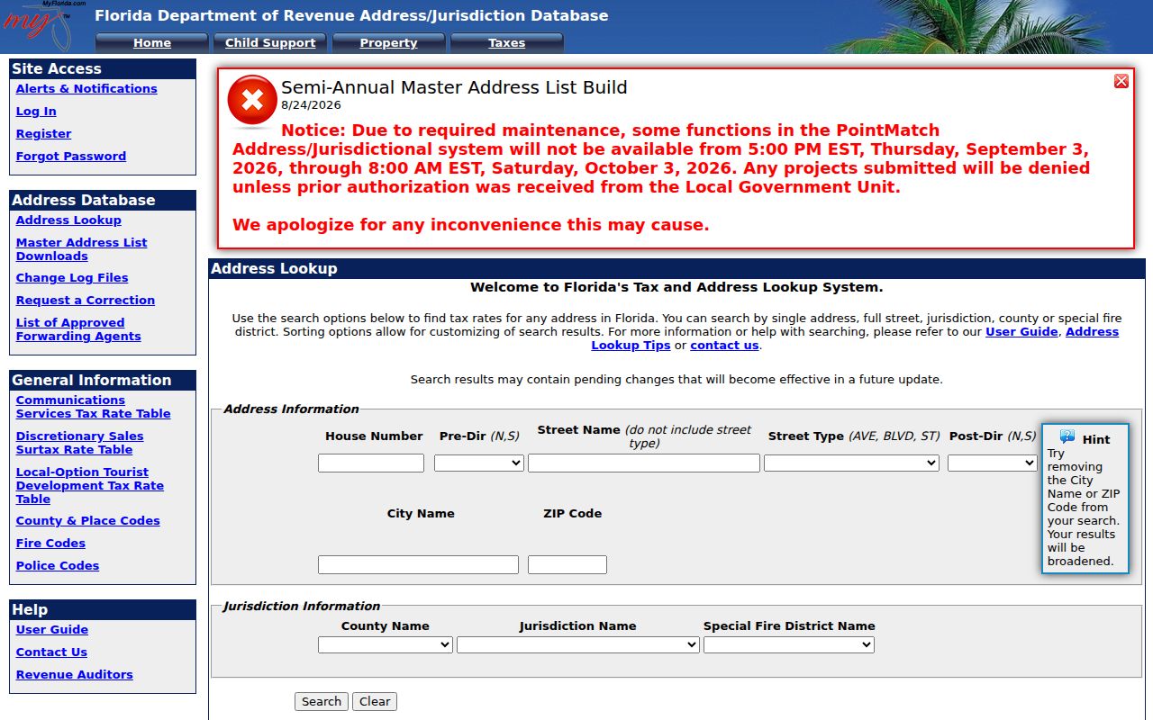 Florida street directory address fields for house number, street, city, ZIP, and jurisdiction