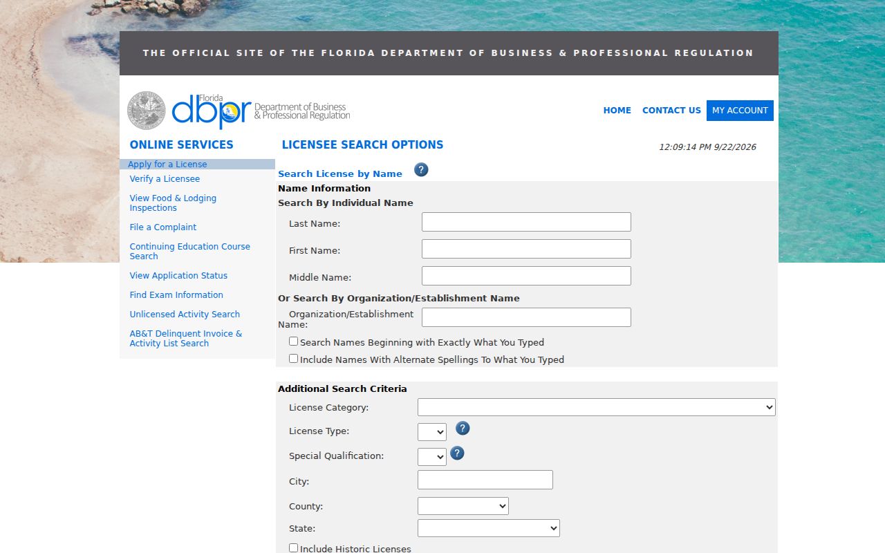 Florida resident lookup reference: DBPR fields for individual, organization, category, and county